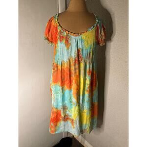 Melissa Paige Tie-Dyed Cap Sleeve Midi Shift Dress S Rainbow Boho Costal Cowgirl